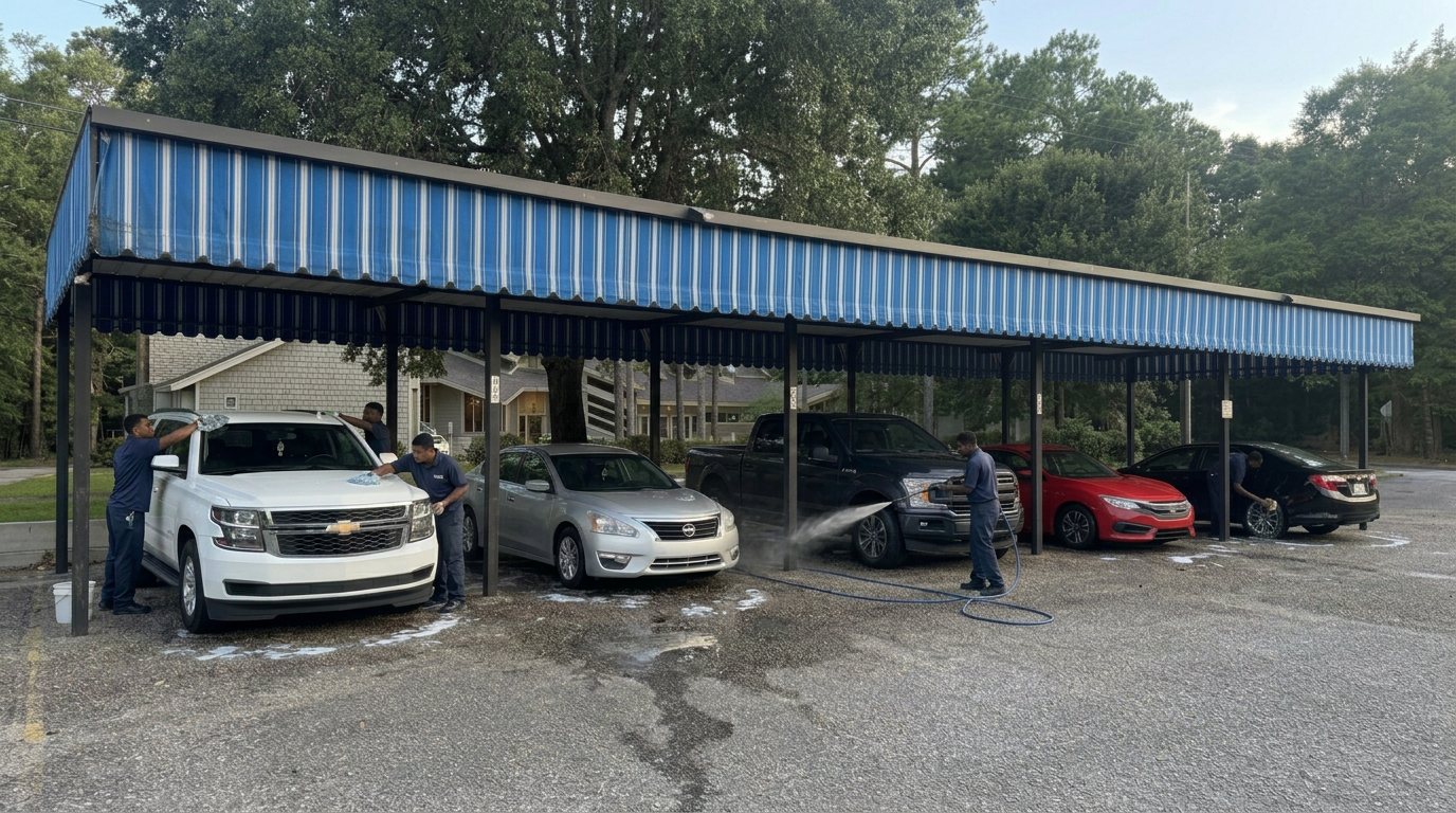 Technicians hand-washing cars under the LEIAUTO blue canvas awning